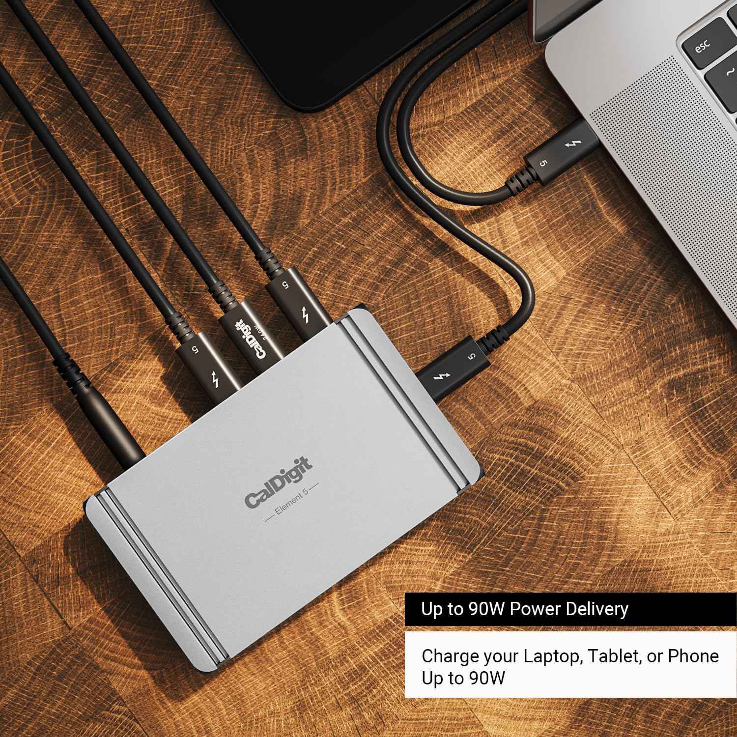 CalDigit E5 Thunderbolt 5 Element 5 Hubb 9-Port 4x Thunderbolt 5/USB4 v2 Portar 3x USB-A & 2x USB-C 10G, Single 8K, Dual 6K/8K,  Dual 4K@240Hz, 90W