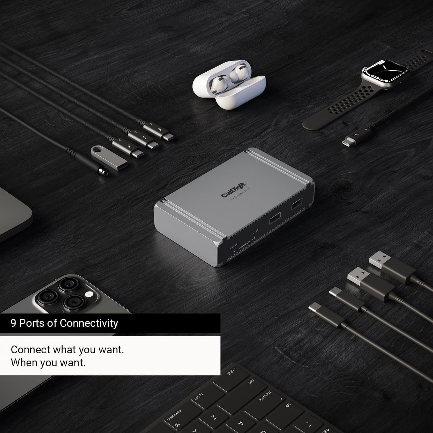 CalDigit E5 Thunderbolt 5 Element 5 Hubb 9-Port 4x Thunderbolt 5/USB4 v2 Portar 3x USB-A & 2x USB-C 10G, Single 8K, Dual 6K/8K,  Dual 4K@240Hz, 90W