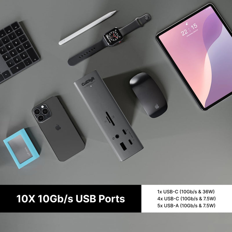 CalDigit TS5 Plus - 20 Portar Thunderbolt 5 Dockningsstation, 140W Laddning, 3X 80Gb/s Thunderbolt 5, 10x 10Gb/s USB Portar