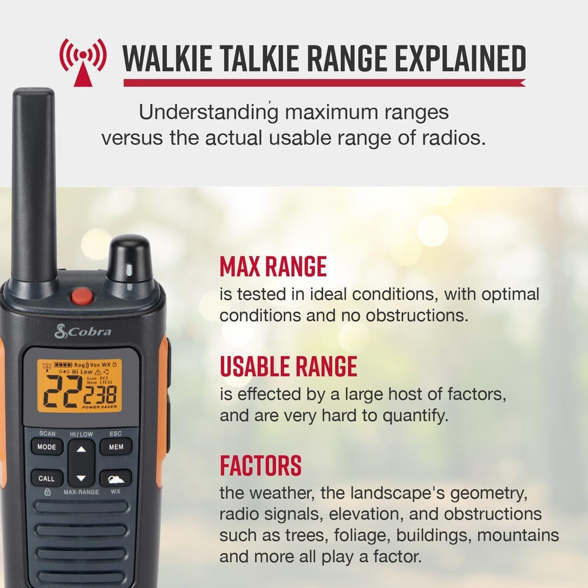 Cobra RX680 Walkie Talkies 2-pack Rechargeable PMR446 Radios for Leisure and Business 10km Dustproof and Splash Proof (IP54), Black and Orange