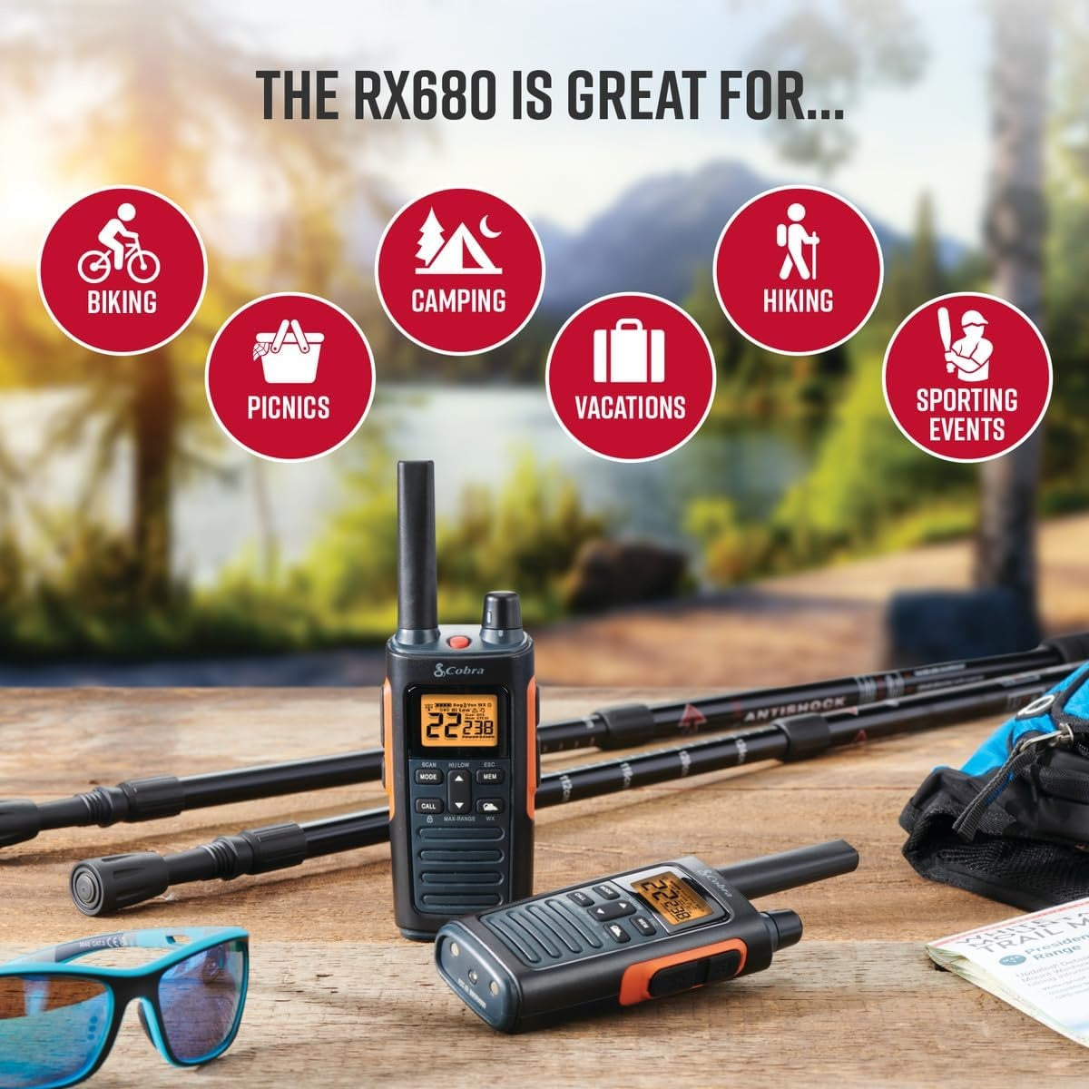 Cobra RX680 Walkie Talkies 2-pack Rechargeable PMR446 Radios for Leisure and Business 10km Dustproof and Splash Proof (IP54), Black and Orange