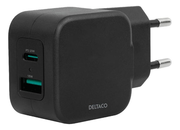 DELTACO Dual USB väggladdare USB-A 18W och USB-C PD 20W