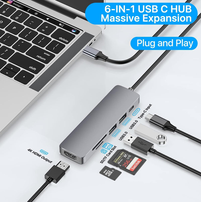 NÖRDIC 1 till 6 USB C Aluminium Dockningsstation 1xHDMI 4K 30Hz 2xUSB-A 3.1 5Gbps 1x USB C PD87W 1xSD/TF kortläsare