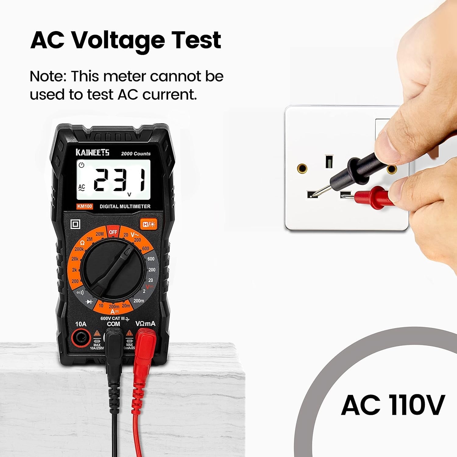 Digital multimeter, DC-/AC-voltmeter, ohm-, volt- och amperemätare samt kontinuitets- och diodspänningstestare för hushållsuttag