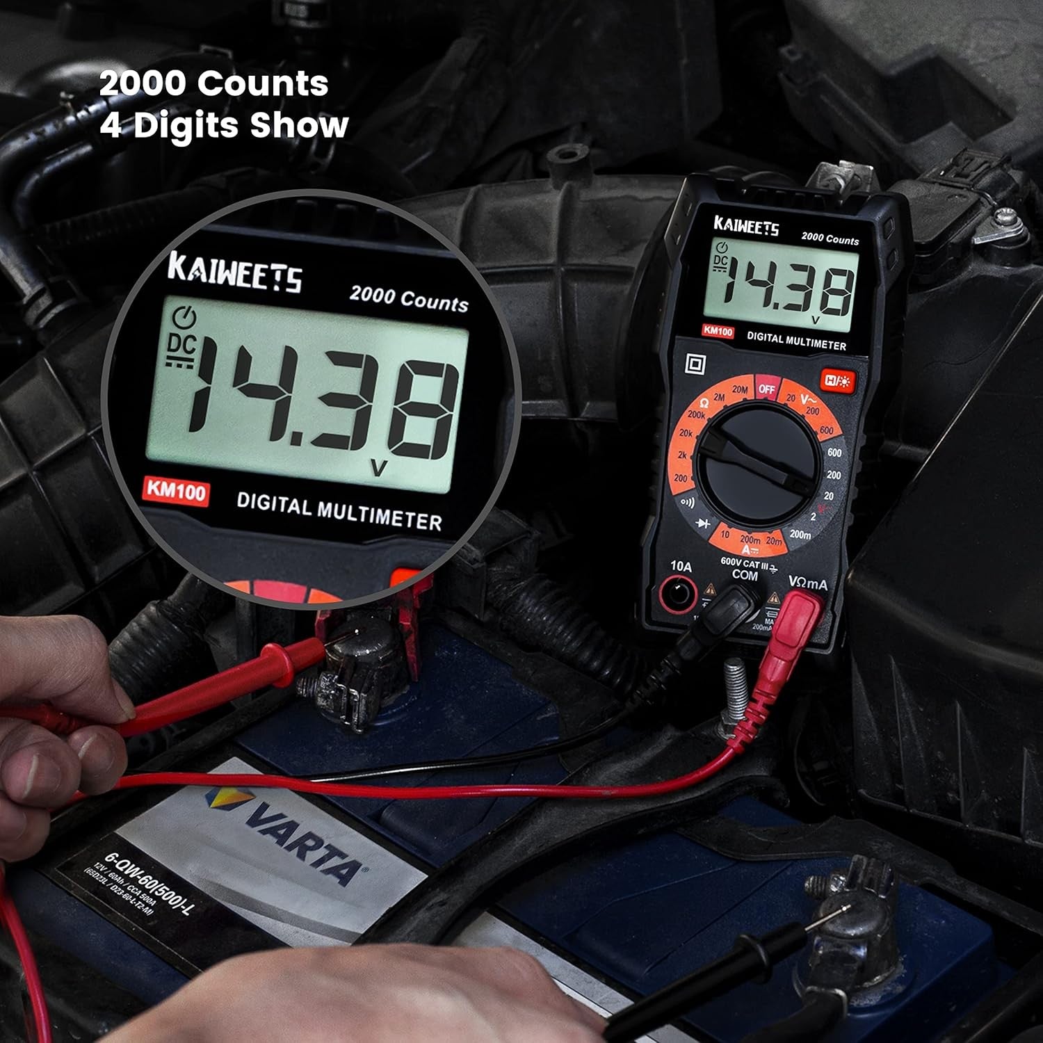 Digital multimeter, DC-/AC-voltmeter, ohm-, volt- och amperemätare samt kontinuitets- och diodspänningstestare för hushållsuttag