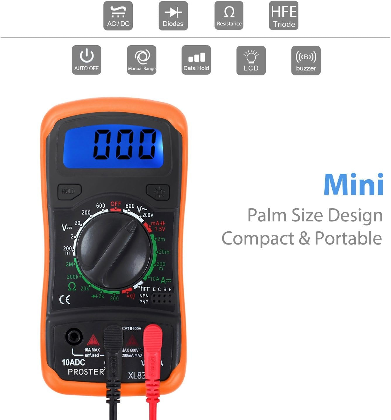 Digital multimeter för AC/DC – volt-, ampere- och ohmmätning med kontinuitetstest