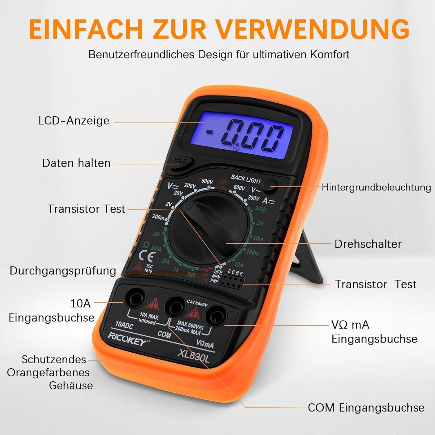 Digital multimeter för AC/DC – volt-, ampere- och ohmmätning med kontinuitetstest