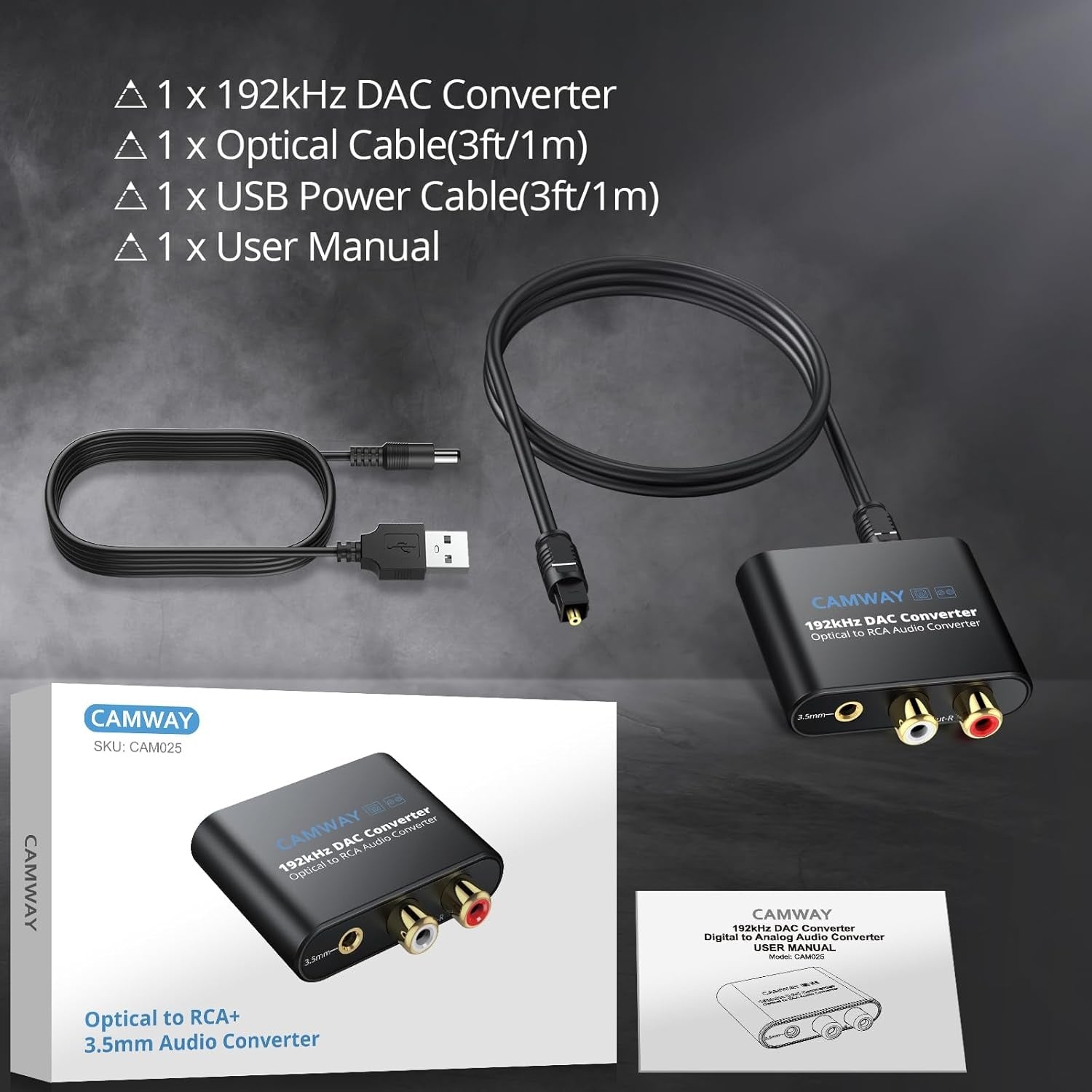 Digital till Analog Ljud-omvandlare, 192kHz Optisk till RCA, Optisk till 3.5mm DAC, SPDIF/Toslink