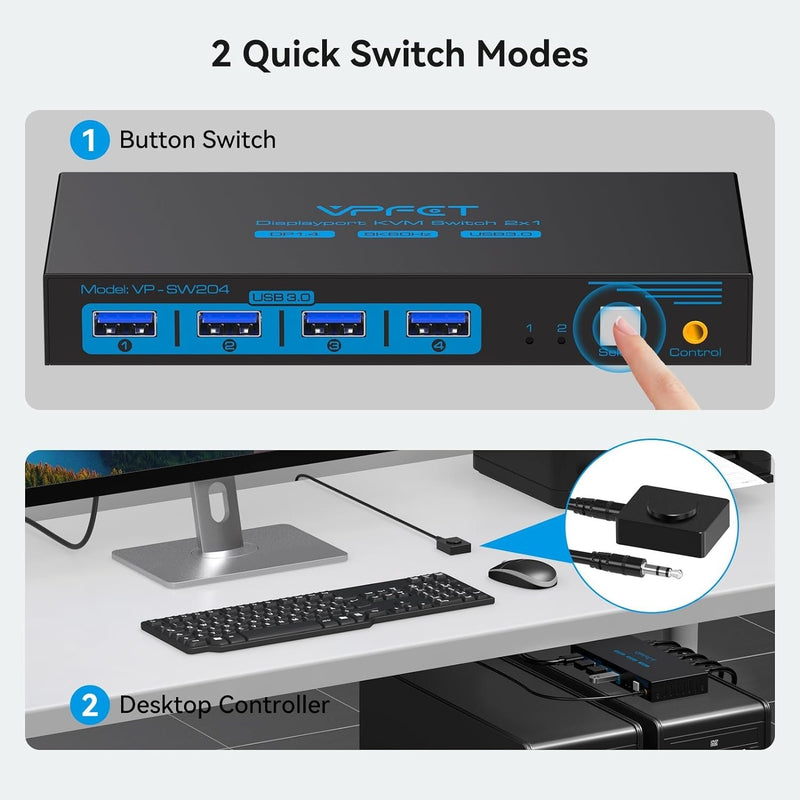 NÖRDIC KVM-switch 2 till 1 DisplayPort till DisplayPort, 8K60Hz/4K120Hz, 4x USB-A
