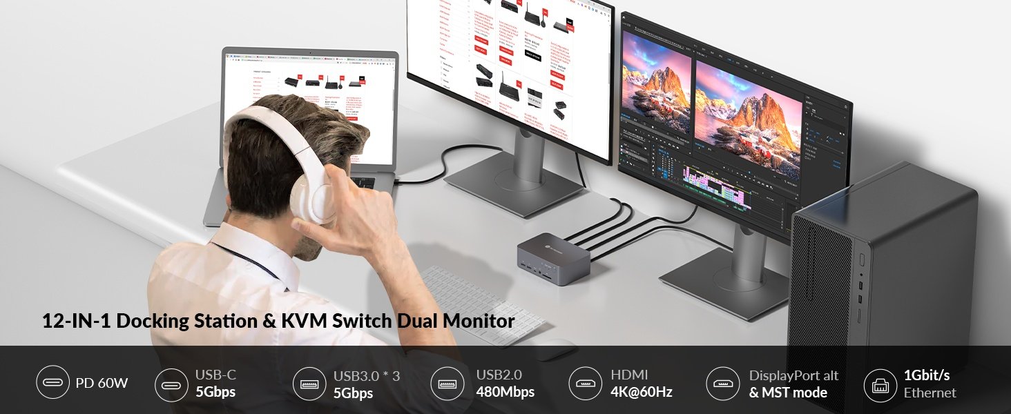 AV Access iDock C10 Dockningsstation och KVM-switch 2 till 2 USB-C & DP+HDMI till HDMI, 4K60Hz, 5x USB-A, 1x USB-C PD 60W, 3.5mm AUX, SD-kortplats och Toslink