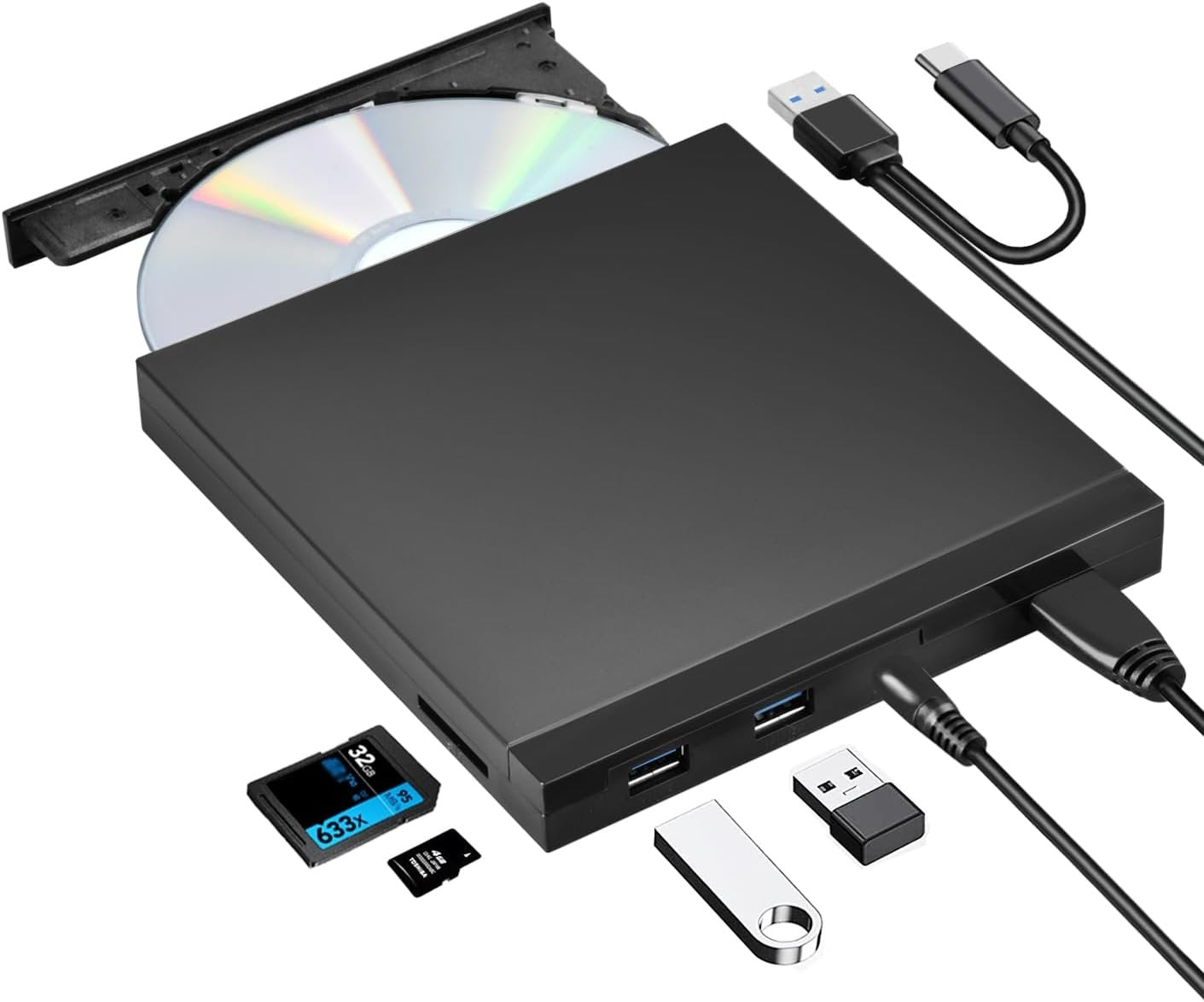 NÖRDIC Bärbar CD Brännare och spelare och USB hubb med SD/Micro-SD kortläsare