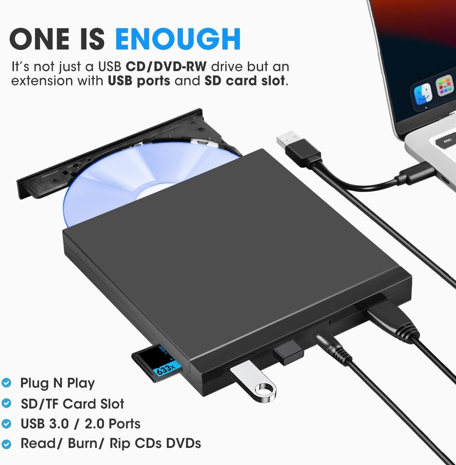 NÖRDIC Bärbar CD Brännare och spelare och USB hubb med SD/Micro-SD kortläsare