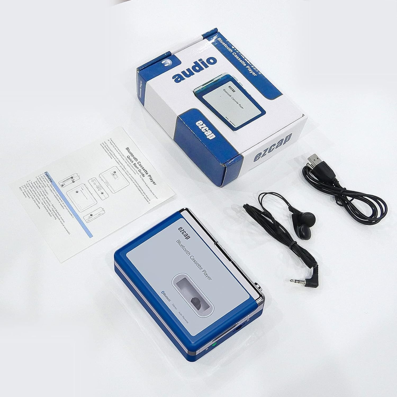 Ezcap Bluetooth-kassettspelare, Walkman-bandspelare med 3,5 mm utgång och hörlurar