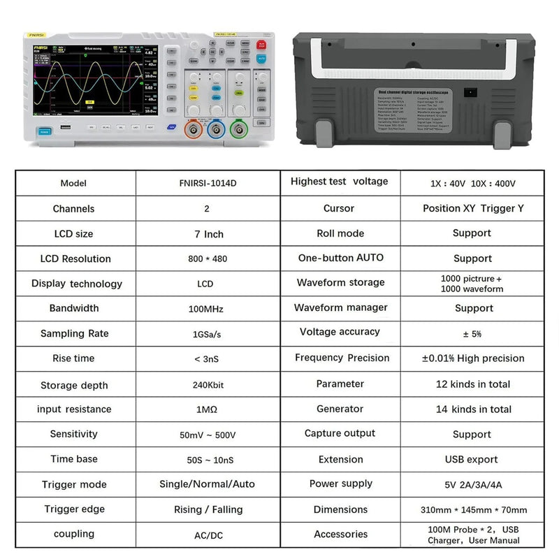 FNIRSI-1014D Desktop Oscilloskop 100MHZ*2 1GS/s 2 i 1 Dubbelkanals Digitalt Oscilloskop 10MHZ Signalgenerator