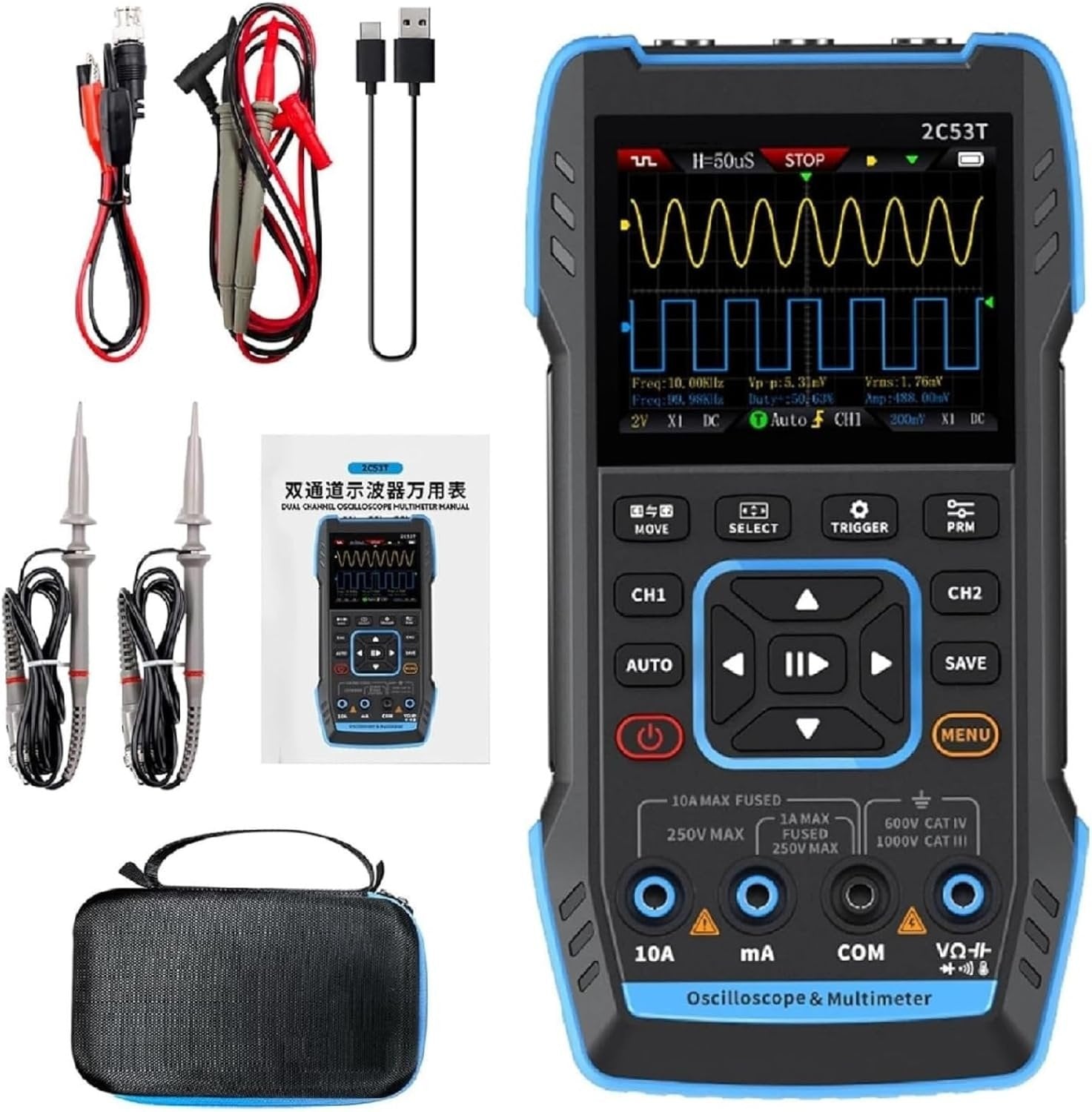 FNIRSI 2C53TH 3 in 1 Oscilloskop, Multimeter och Signalgenerator 2,8” LCD-skärm för perfekt bildkvalitet