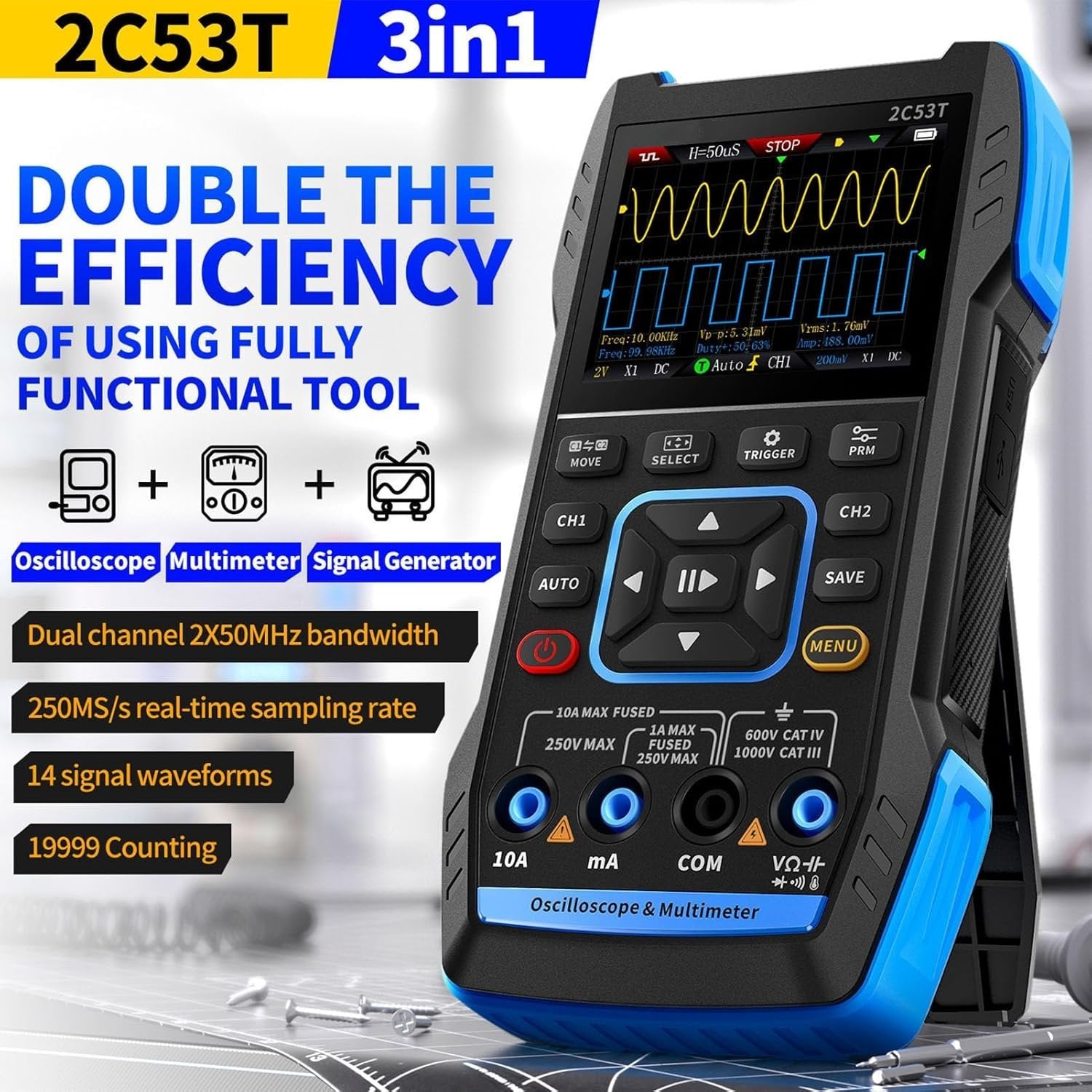 FNIRSI 2C53TH 3 in 1 Oscilloskop, Multimeter och Signalgenerator 2,8” LCD-skärm för perfekt bildkvalitet