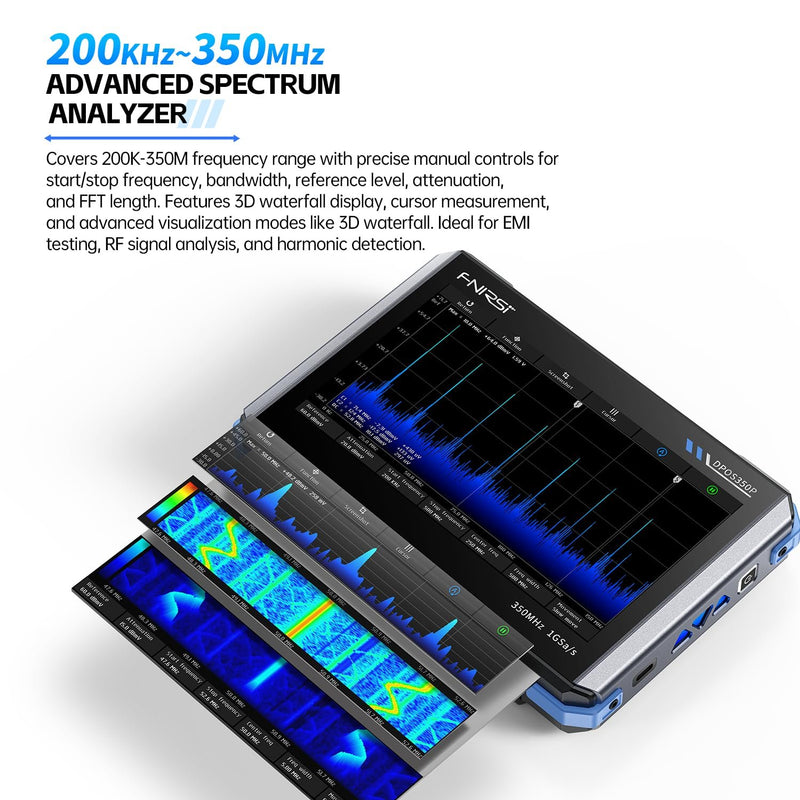 FNIRSI DPOS350P 4-i-1 Tablet Oscilloskop 350MHz, Spektrumanalysator 200KHz - 350MHz, Frekvensresponsanalysator DDS-generator, 2CH