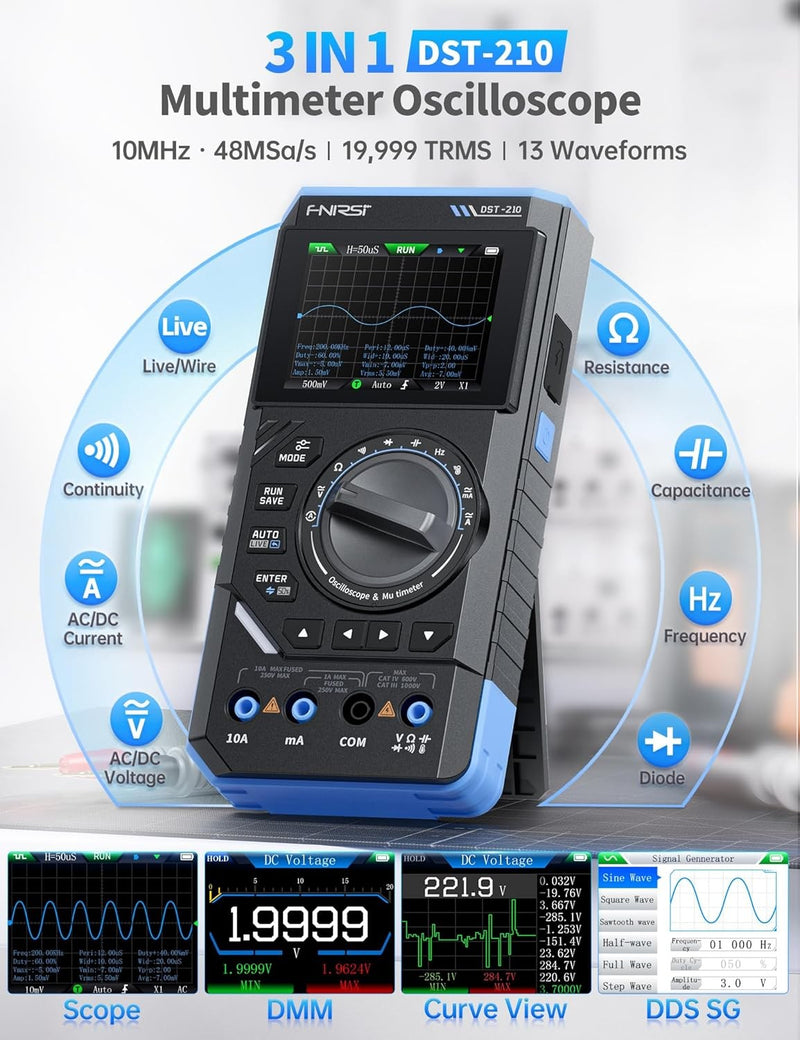 FNIRSI DST-210 Handhållen Oscilloskop 10MHz Bandbredd, 19999 Counts, Digitalt Oscilloskop Multimeter DDS Generator 3I1, 48MS/s Samplingsfrekvens