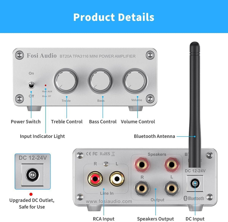 Fosi Audio Bluetooth 5.0 & R/L Förstärkare 100W x 2 med Volym, Bas och Diskant kontroll, Vit