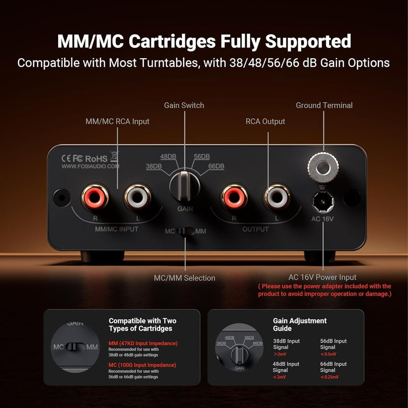 Fosi Audio Box X5 Mini Förförstärkare Hemmabio för MM & MC Pickups, Aktiva Högtalare, 4-nivå Justerbar Gain 38/48/56/66 dB med RCA