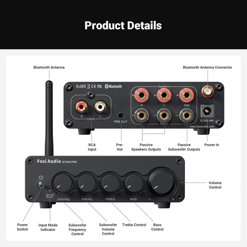 Fosi Audio Hi-Fi Bluetooth 5.0 Stereo Audio Receiver Förstärkare 2.1 Channel Class D Integrated Amp 2X165W
