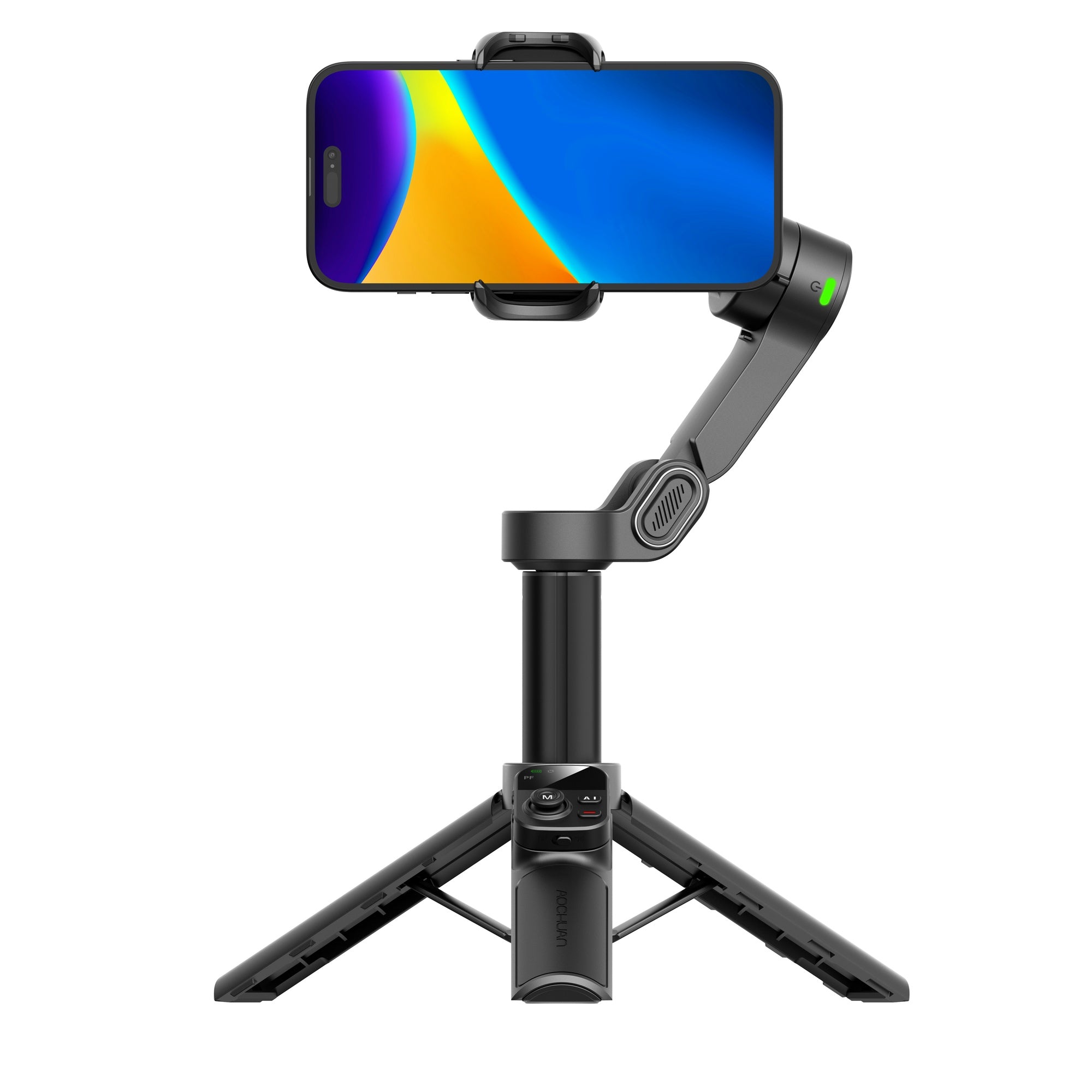 Handhållen 3-axlig anti-skak gimbal-stabilisator för iPhone AI-spårningsmodul med fyllnadsljus Geststyrning och ett-trycks stativfrigöring, Inbyggd förlängningsarm