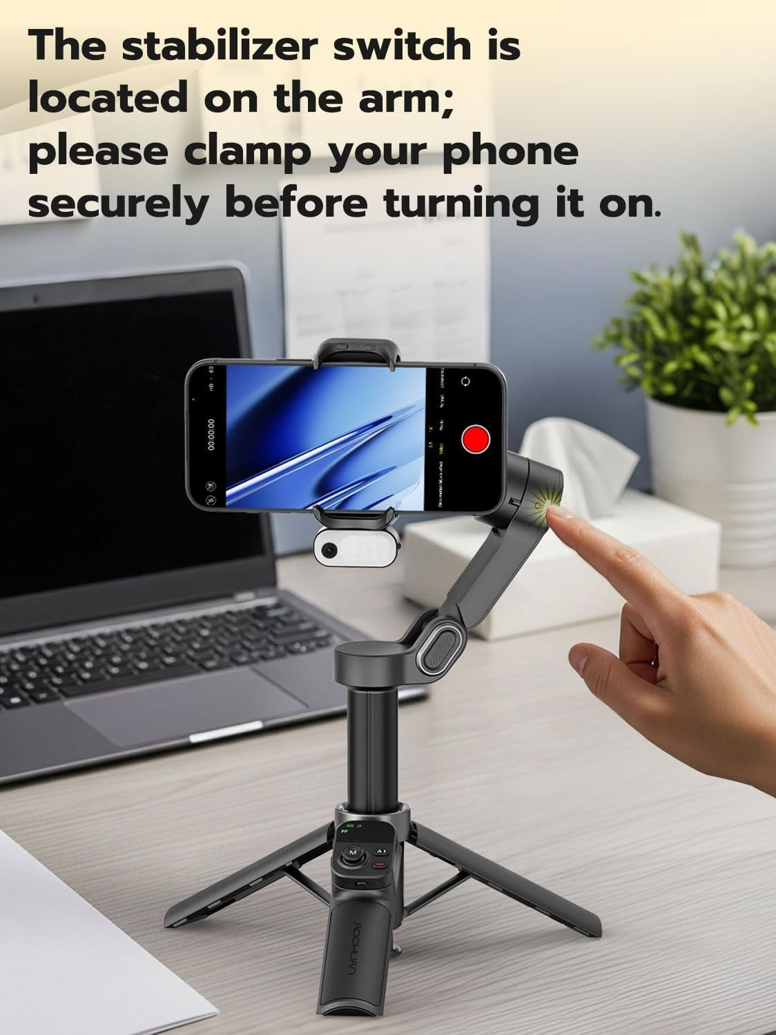 Handhållen 3-axlig anti-skak gimbal-stabilisator för iPhone AI-spårningsmodul med fyllnadsljus Geststyrning och ett-trycks stativfrigöring, Inbyggd förlängningsarm