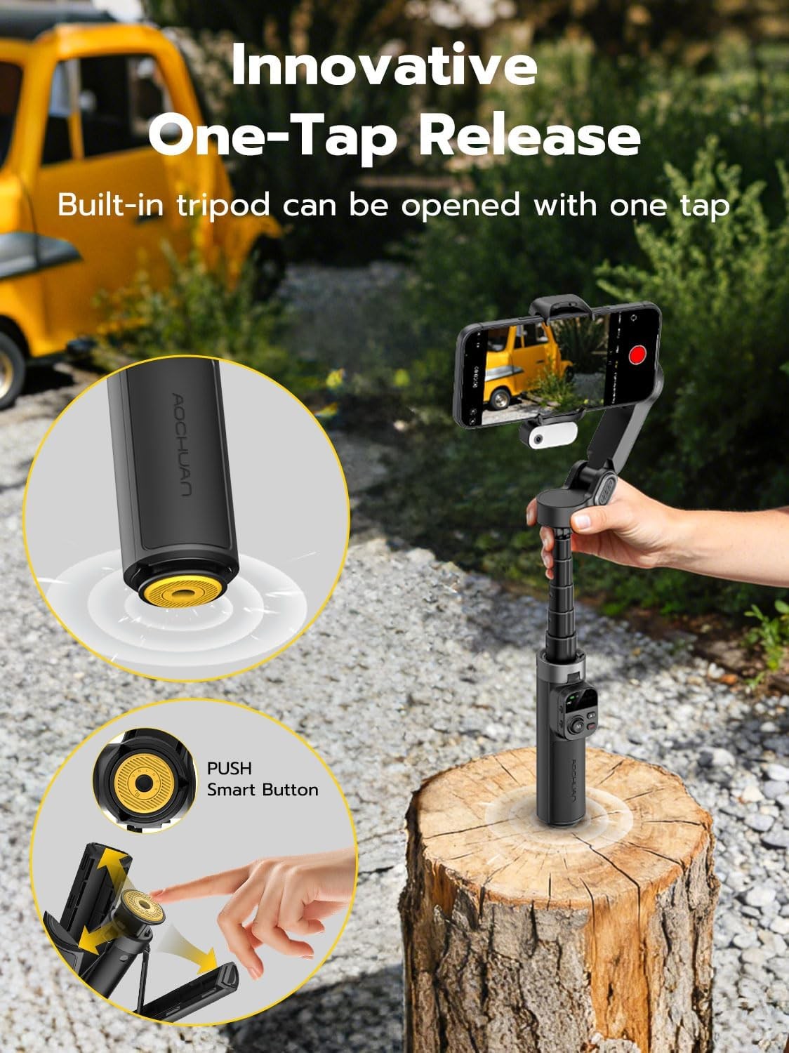 Handhållen 3-axlig anti-skak gimbal-stabilisator för iPhone AI-spårningsmodul med fyllnadsljus Geststyrning och ett-trycks stativfrigöring, Inbyggd förlängningsarm