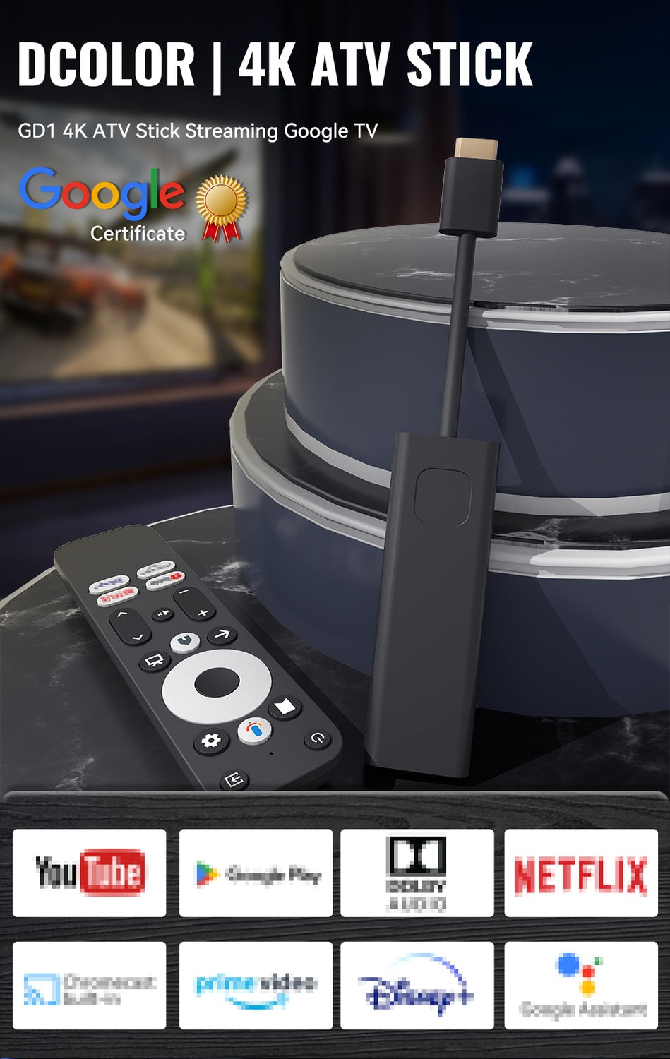 Google Certifierad TV-sticka 4K HDR Android TV 14 WiFi Play Store stöd för Netflix, YouTube, Disney+