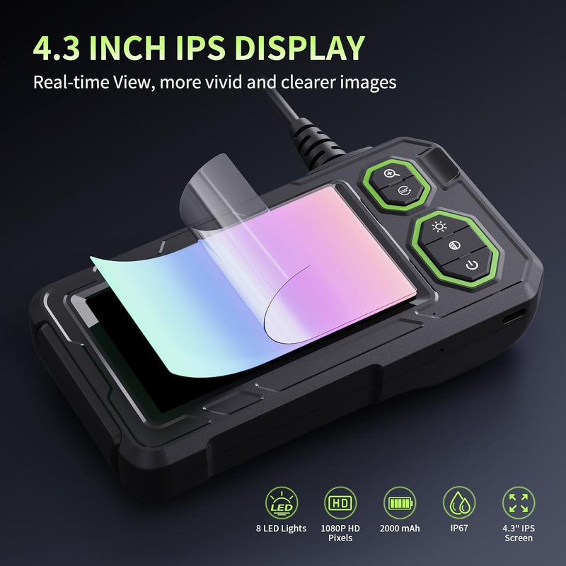 NÖRDIC Industriell endoskopkamera med 8 LED-lampor 1080P 4,3-tums IPS-skärm, IP67 vattentät kabel 5m 8 mm