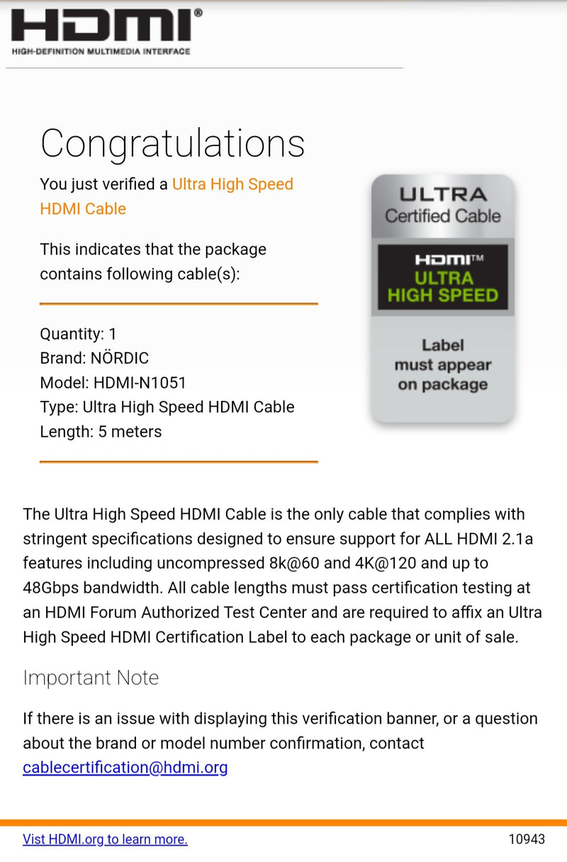 NÖRDIC CERTIFIED CABLES 5m Ultra High Speed HDMI 2.1 8K 60Hz 4K 120Hz 48Gbps Dynamic HDR eARC VRR guldpläterade kontakter