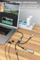 NÖRDIC USB-C Splitter 1 till 3, 1xUSB-C 1xUSB-C PD60W 1x3,5mm hörlursuttag OTG Kabel