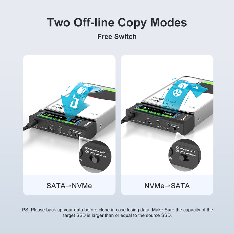 Maiwo offline hårddiskkloning NVMe M.2 SSD till 2,5" och 3,5" SATA HDD USB-C 3.2 10Gbps