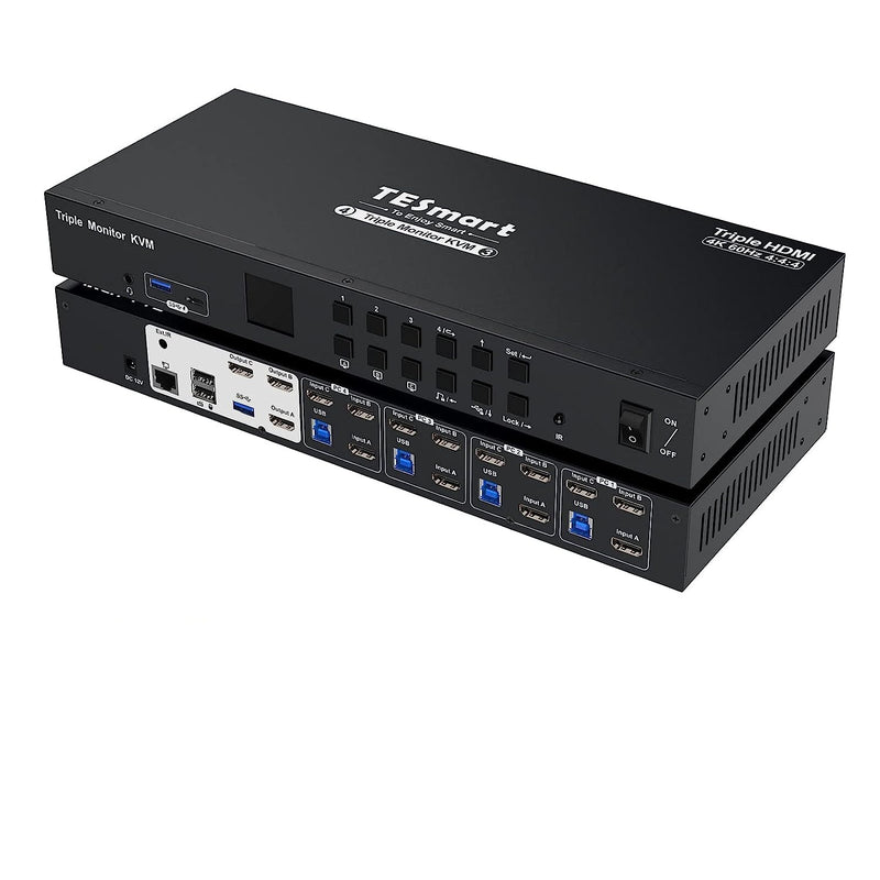 HDMI KVM Switch 4 PC till 3 monitorer 4K60Hz headset, audio mikrofon, RJ45 LAN