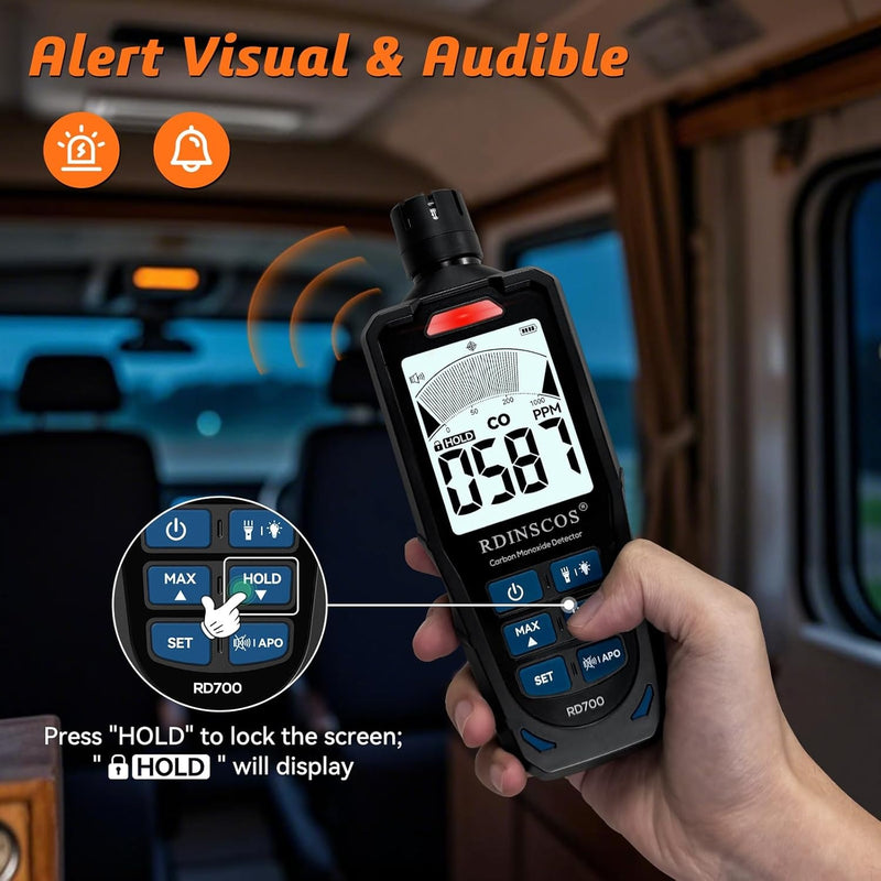 Kolmonoxiddetektor 0 ~ 1 000 ppm med LCD-skärm, bärbart CO-larm med visuella och hörbara larm, uppladdningsbar CO-detektor för hem, camping, utomhus