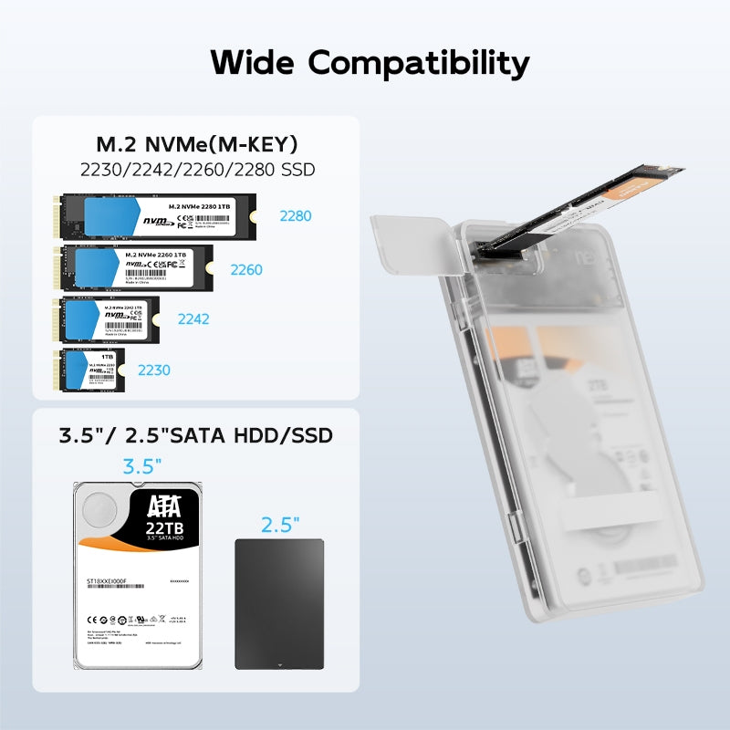 MAIWO 2.5" SATA HDD, SSD & M.2 NVMe kabinett 10Gbps