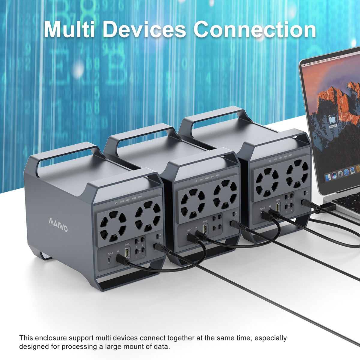 MAIWO 4‑plats DAS-design för 3,5” SATA‑HDD med 2 kylfläktar, USB‑C & 10 Gbps hastighet, ingen RAID