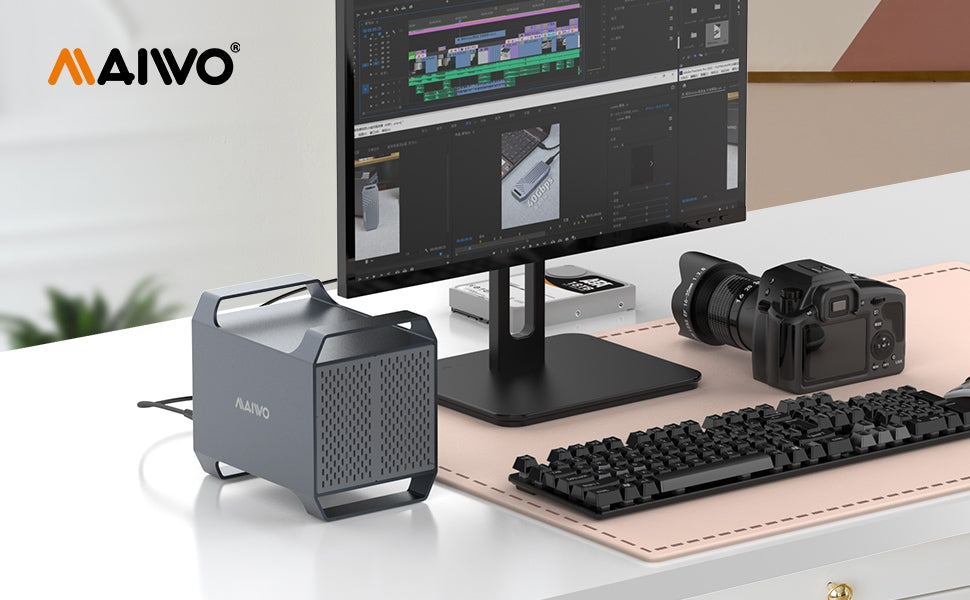 MAIWO 4‑plats DAS-design för 3,5” SATA‑HDD med 2 kylfläktar, USB‑C & 10 Gbps hastighet, ingen RAID