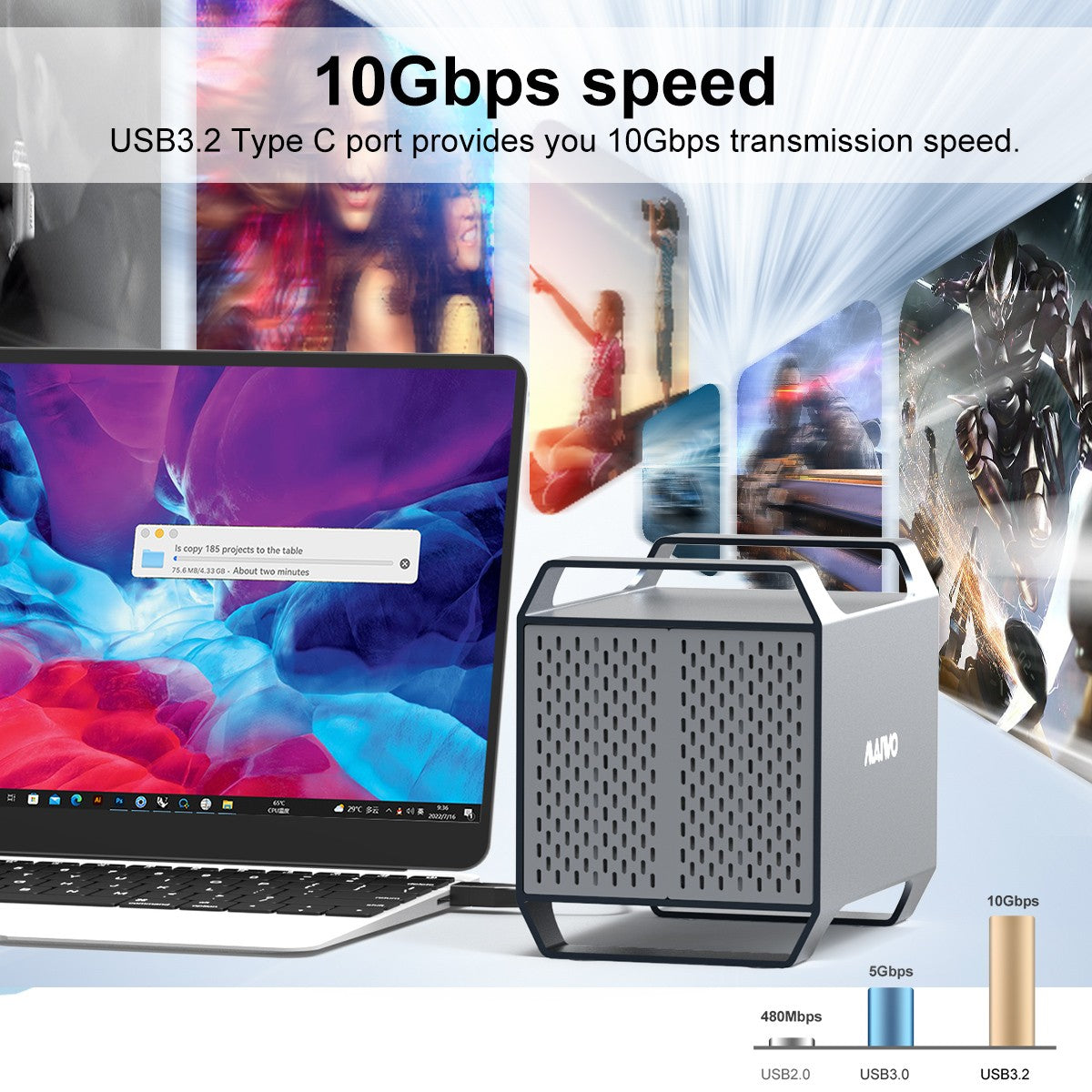 MAIWO 4‑plats DAS-design för 3,5” SATA‑HDD med 2 kylfläktar, USB‑C & 10 Gbps hastighet, ingen RAID