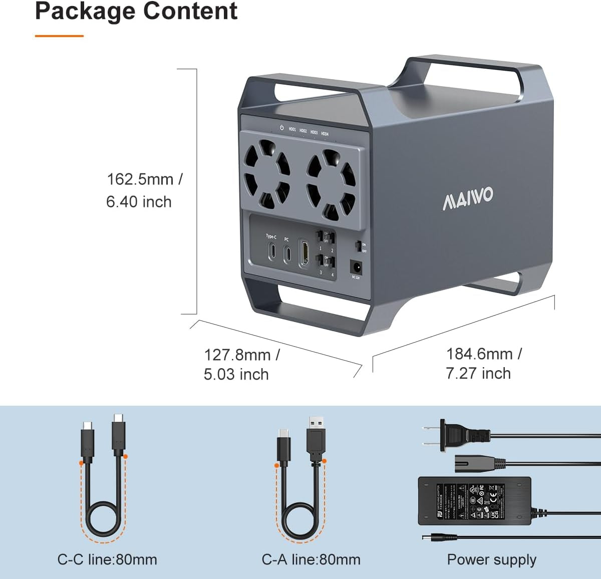 MAIWO 4‑plats DAS-design för 3,5” SATA‑HDD med 2 kylfläktar, USB‑C & 10 Gbps hastighet, ingen RAID