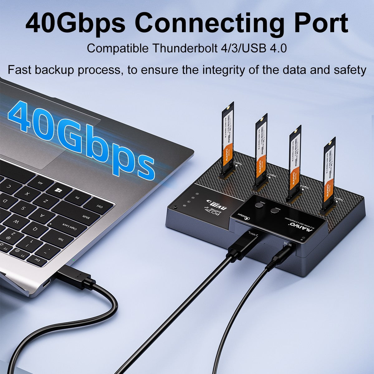 MAIWO 4-plats M.2 NVMe SSD USB4.0 Dock, Klonare/Duplicator, Stöder 1-till-3 Offline-kloning & Programvaru-RAID, 40Gbps kompatibel med Thunderbolt 4/3