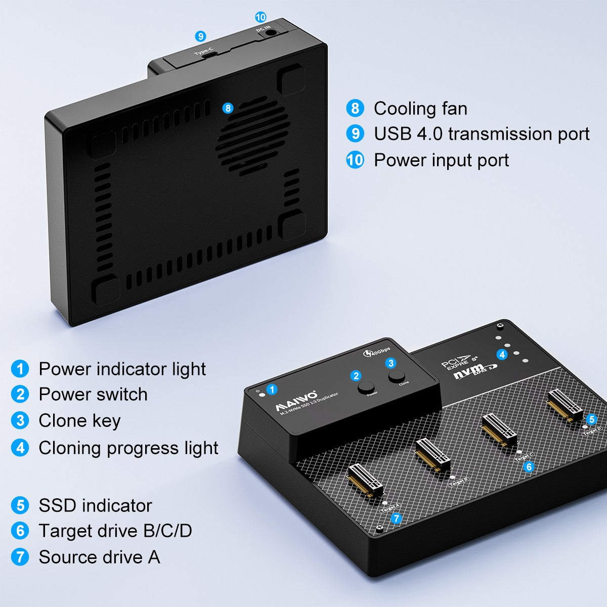 MAIWO 4-plats M.2 NVMe SSD USB4.0 Dock, Klonare/Duplicator, Stöder 1-till-3 Offline-kloning & Programvaru-RAID, 40Gbps kompatibel med Thunderbolt 4/3