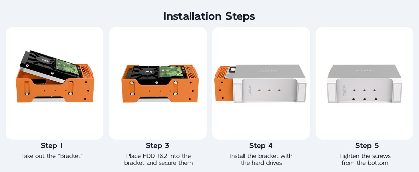 MAIWO 2-plats SATA RAID-kabinett för 3,5" HDD, blixtsnabb 5Gbps, RAID 1/0/JBOD, 2x30TB