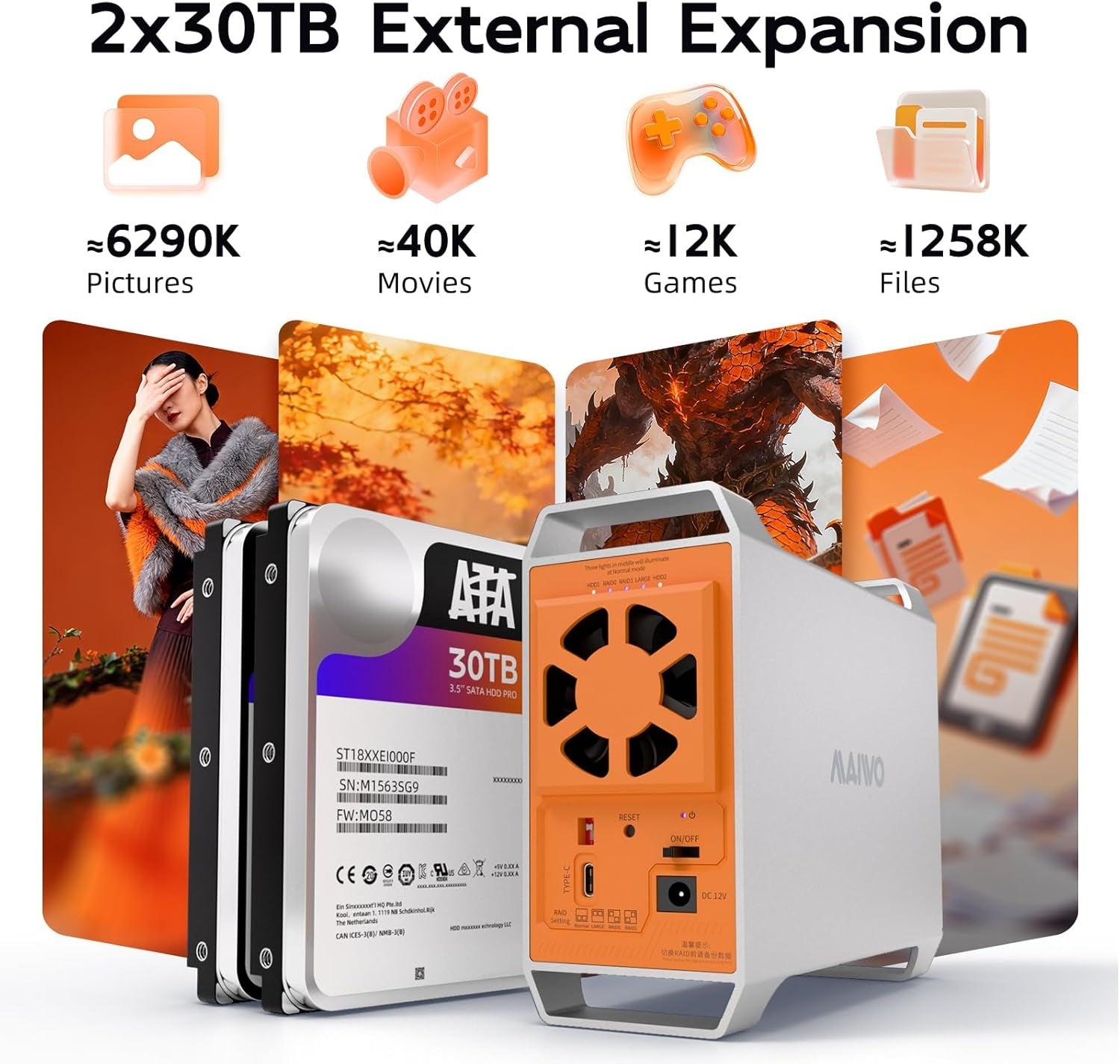 MAIWO 2-plats SATA RAID-kabinett för 3,5" HDD, blixtsnabb 5Gbps, RAID 1/0/JBOD, 2x30TB