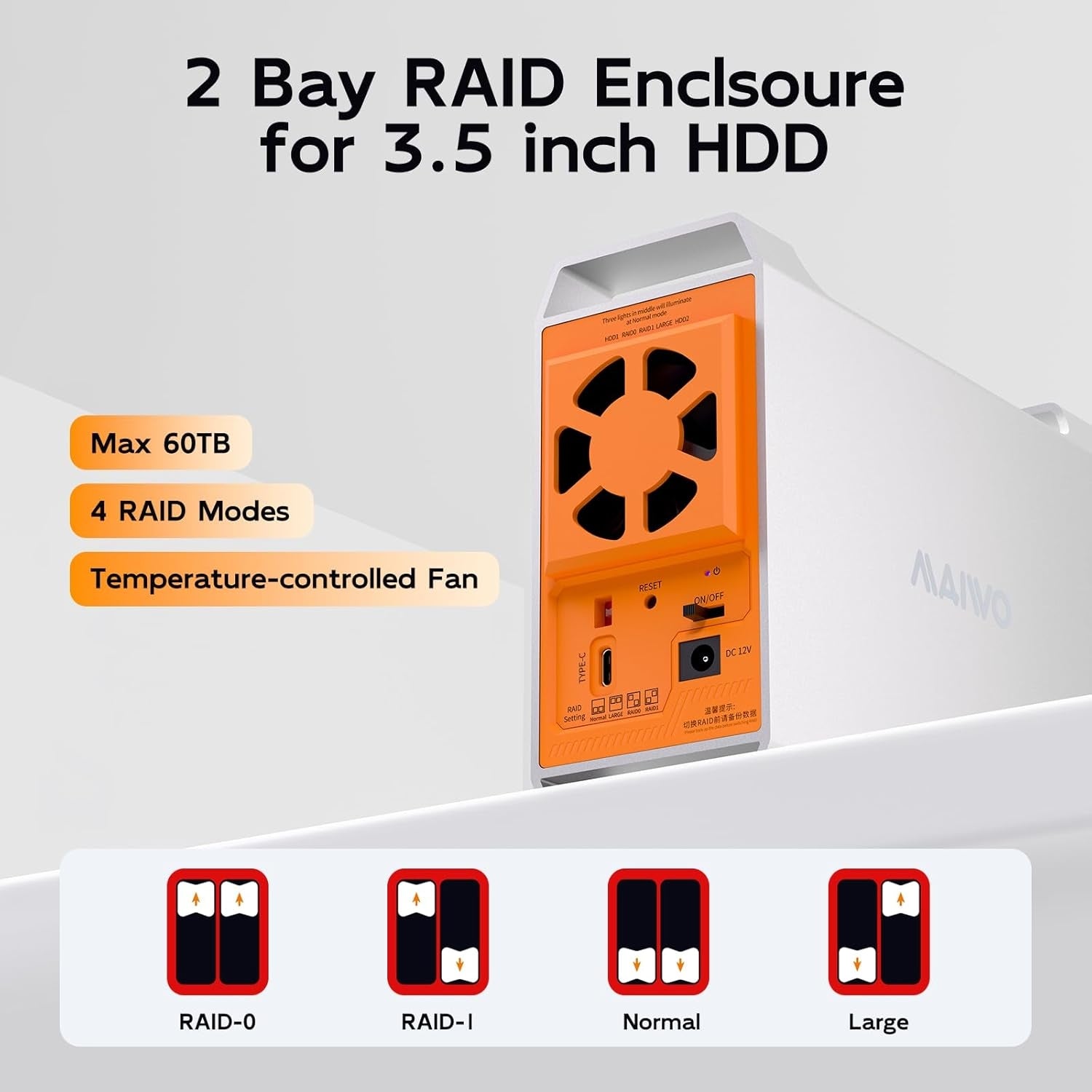 MAIWO 2-plats SATA RAID-kabinett för 3,5" HDD, blixtsnabb 5Gbps, RAID 1/0/JBOD, 2x30TB