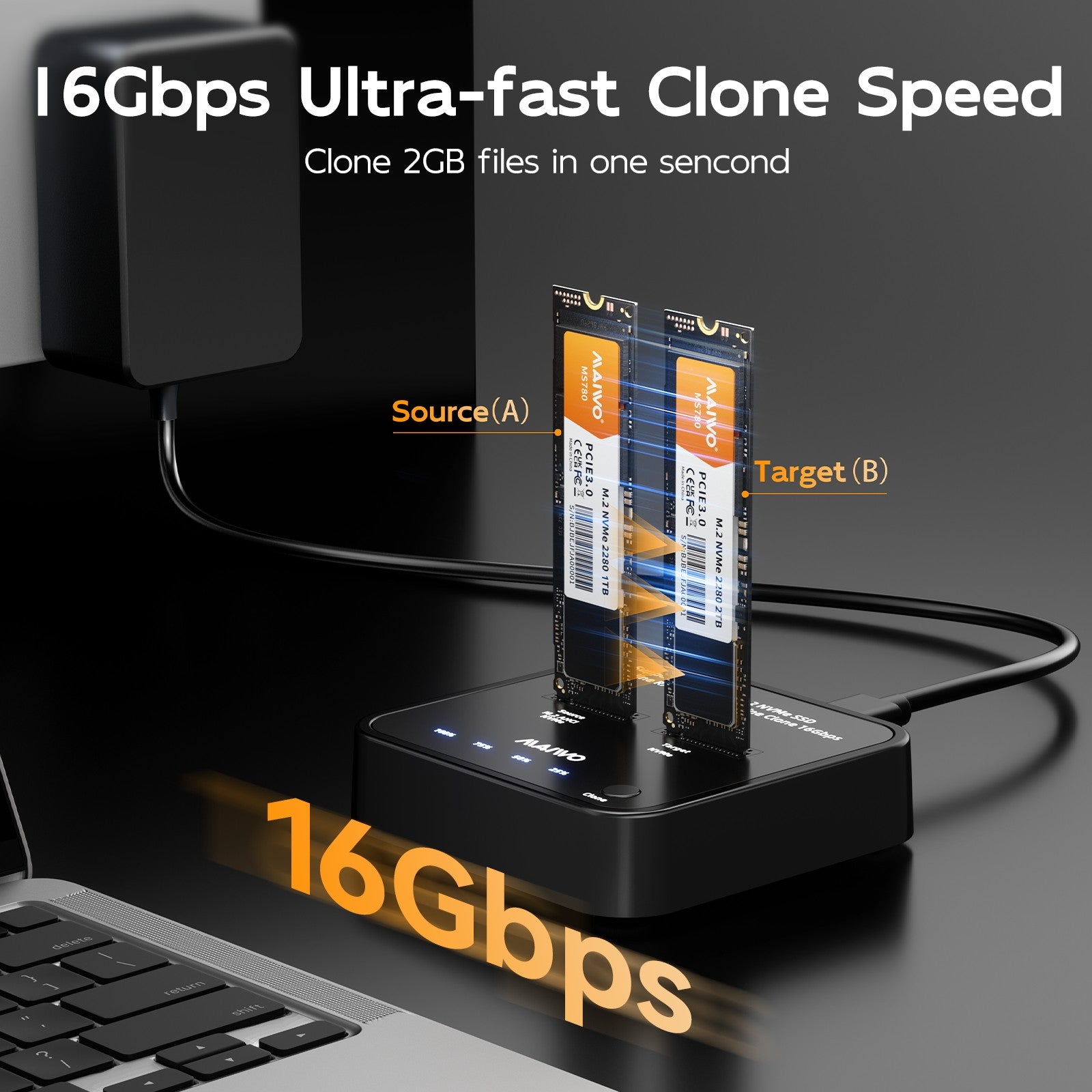 MAIWO K3016AN NVMe Cloner M.2 Duplicator for PCIe NVMe M-Key SSD, 16Gbps Cloning Speed, Access Two SSDs Simultaneously