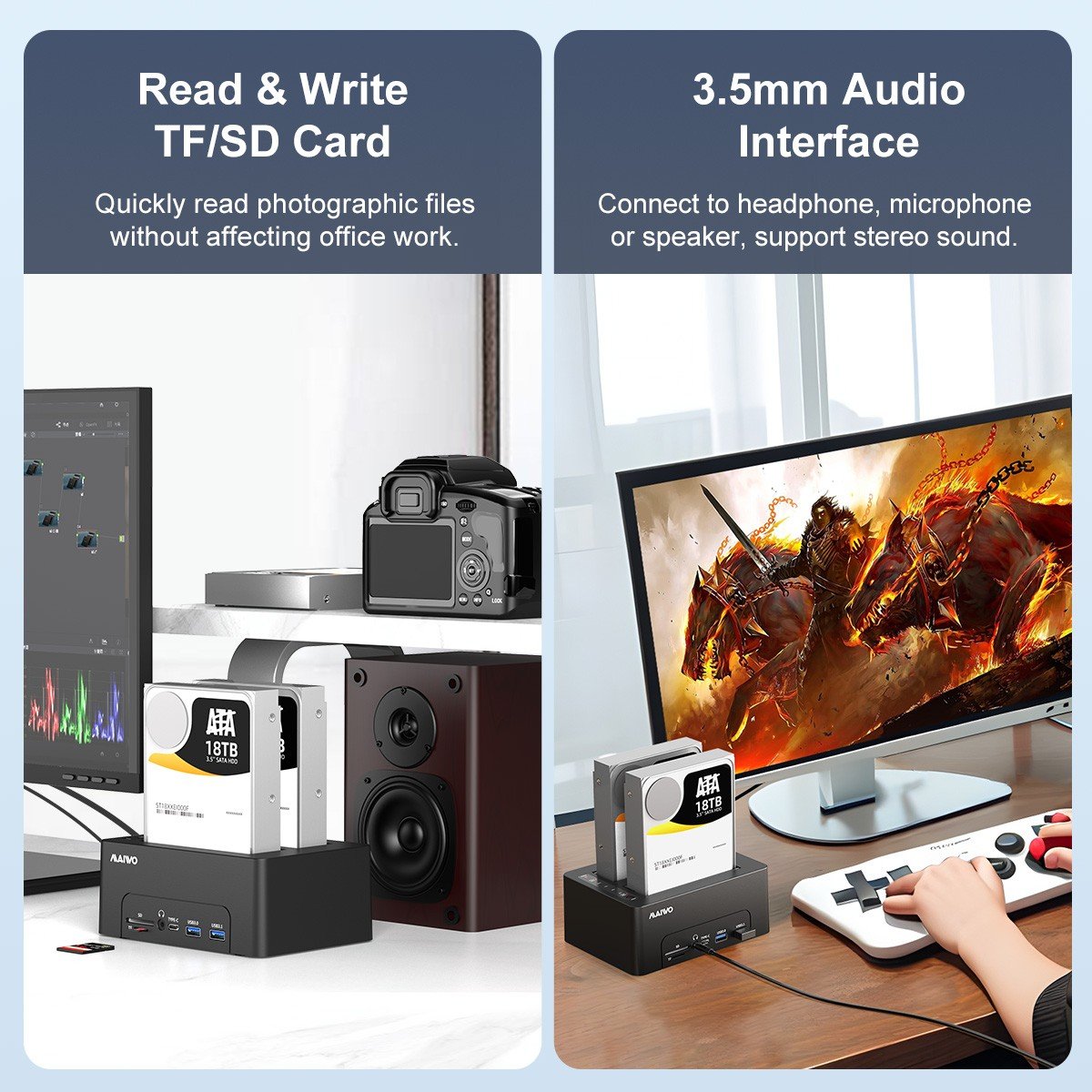 Maiwo HDD USB-C Dubbel dockningsstation med klon 10Gbps HDMI 4K60Hz Giga Lan kortläsare SD och MicroSD USB HUB 2xUSB-A och 2xUSB-C