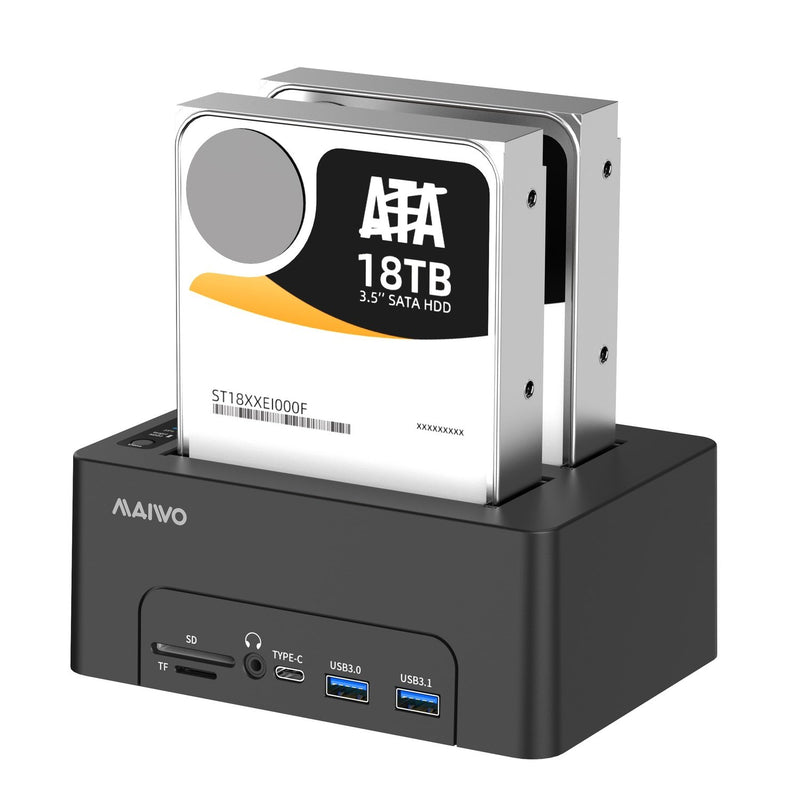 Maiwo HDD Dubbel dockningsstation med klon 10Gbps HDMI 4K60Hz Giga Lan kortläsare SD och MicroSD USB HUB 2xUSB-A och 2xUSB-C