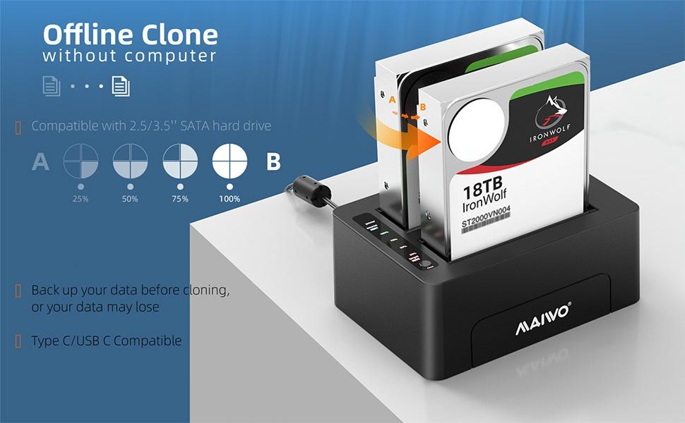 Maiwo K3082C USB C 3.1 GEN2 10Gbps Dockningsstation för 2st 2,5 3,5 SATA HDD SSD upp till 20TB med stöd för UASP, Stöd för SATAIII 6Gbps