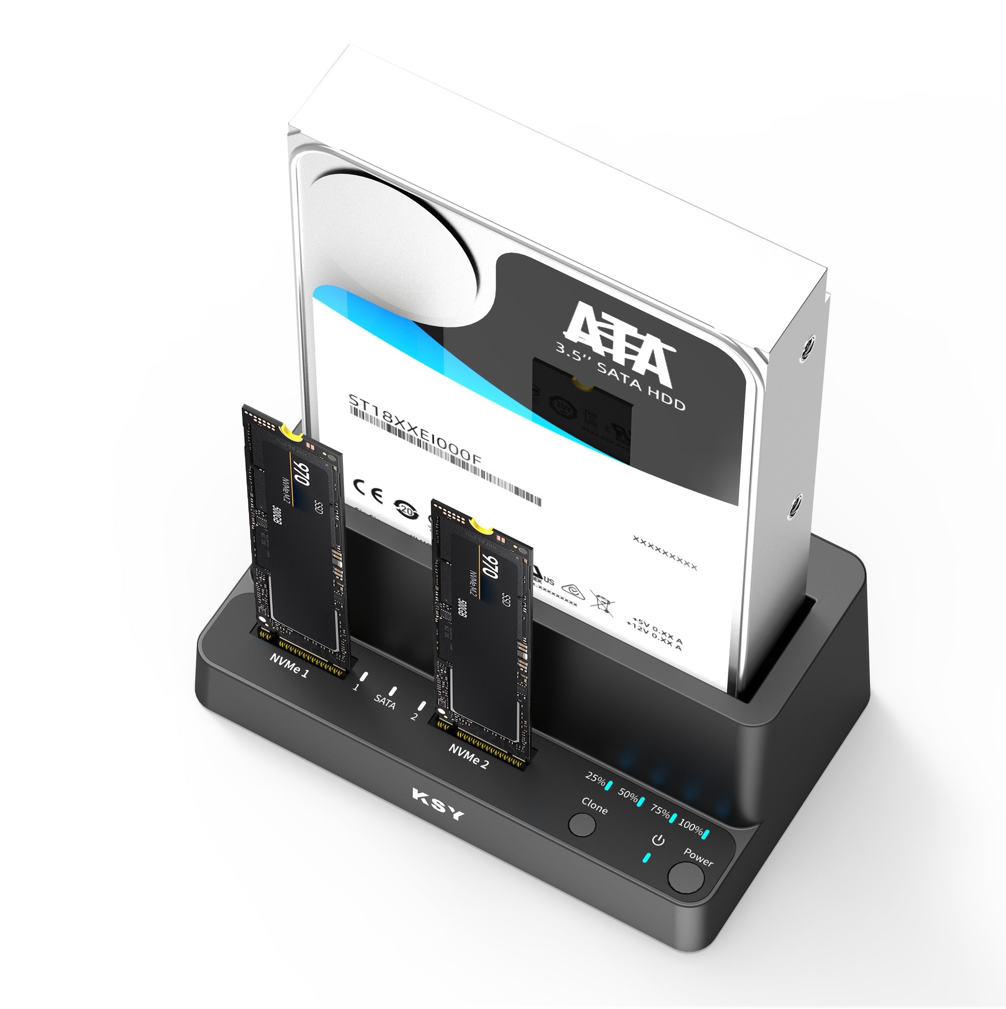 Maiwo Triple Bay HDD Clone-kabinett för 2× SSD NVMe M.2 och 1× SATA HDD